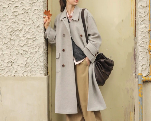 ウール混ダブルボタン 裏地付きロングコート ポケット付き【冬春秋