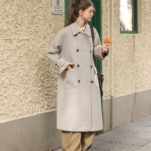 ウール混ダブルボタン 裏地付きロングコート ポケット付き【冬春秋