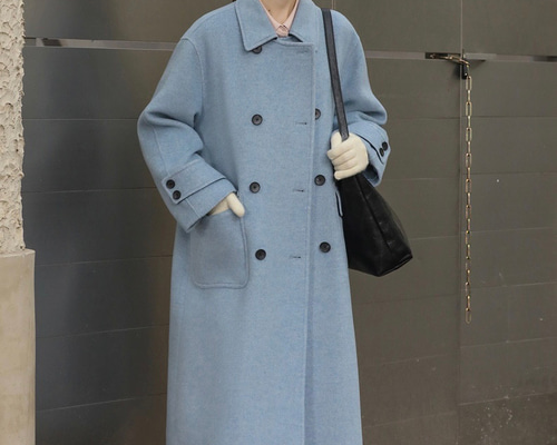 ギムメンコ　ライトブルー モカブラウンリバーシブルロングコート ボタン付き ライトブルー モカブラウンリバーシブルロングコート ボタン付き