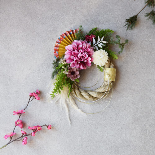 アンティーク風ピンクダリアのお正月】パンパス 正月飾り 梅 ピンク