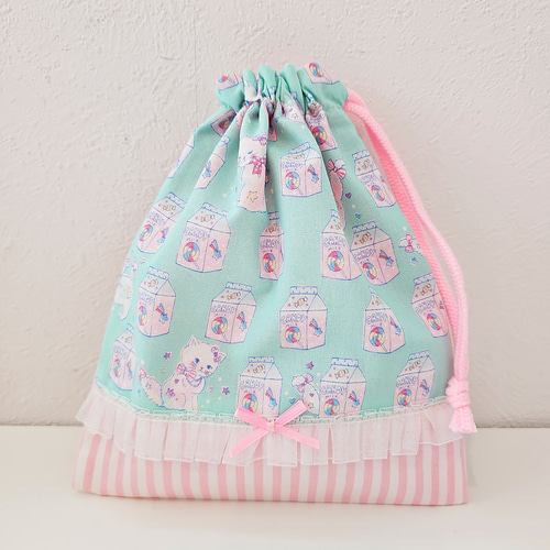 ハンドメイド ねこ×ドット柄 残り少ない 巾着袋 コップ袋