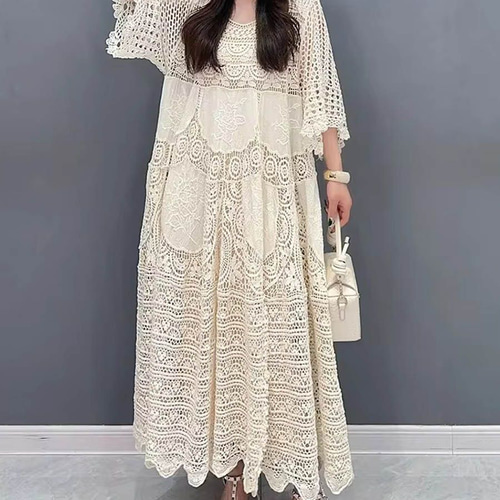 白ワンピース マキシワンピ 7分袖 レース ワンピース レディース