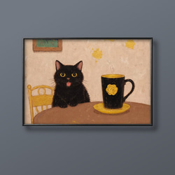 絵画。原画【かわいい黒猫はキウイが好きだ】 絵画。原画【かわいい黒猫はキウイが好きだ】