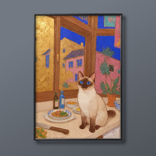 絵画 。壁掛け絵手描き【夕食の前、かわいい猫たち】 【公式通販】