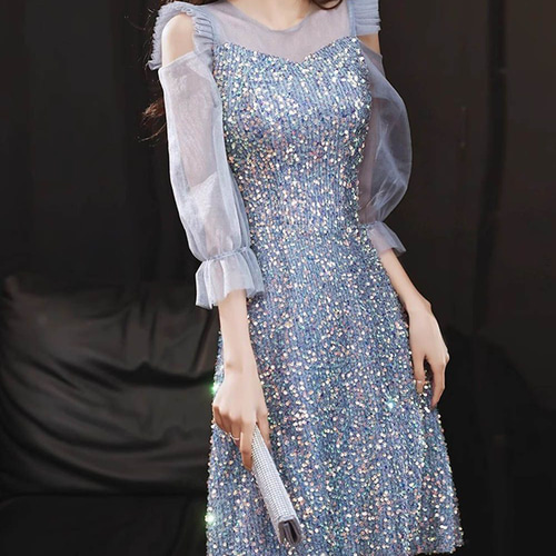 パーティドレス ブルー 韓国 膝丈 シフォン 長袖 透け感 肩フリル 