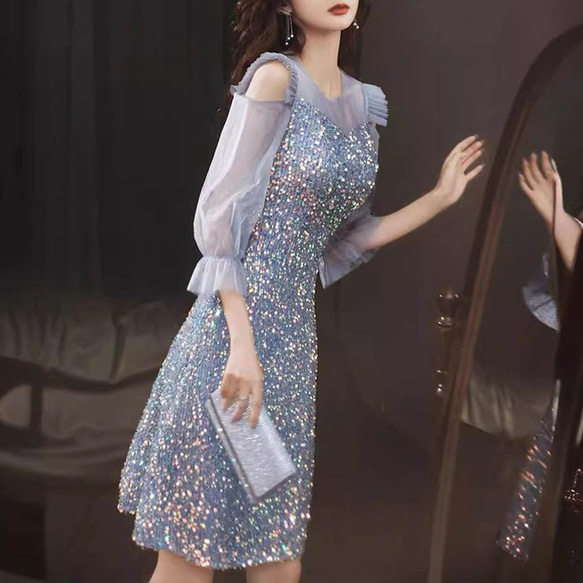 プリーツシフォンワンピース(ブルー)CR1-323BU-M | パーティ