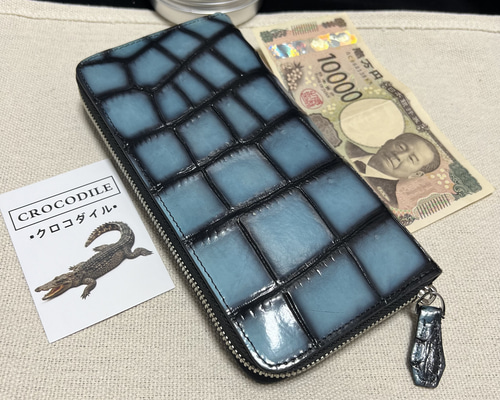 美品 クロコダイル ワニ革長財布 青 新品 クロコダイル長財布 クロコ財布 ワニ革 ネイビーブルー 本