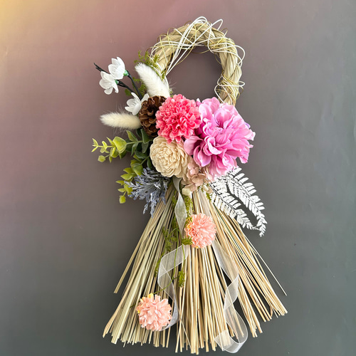 お正月飾り　ピンクダリア　白マム　造花アレンジメント 手作りキット＊早割りお正月飾り＊春を待つ可愛いピンクダリアとマムの