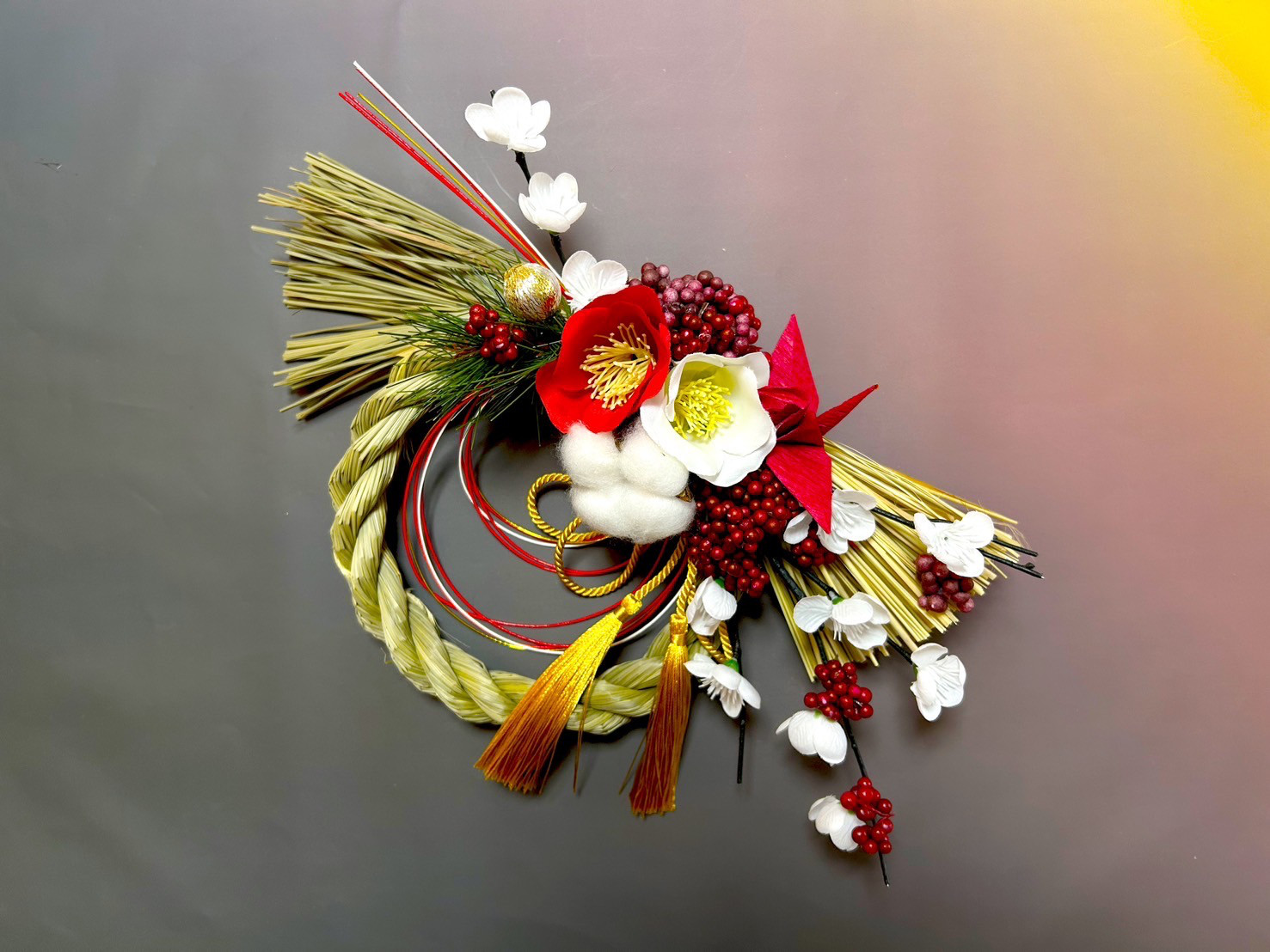 〈紅白椿〉 正月 〈sample〉しめ縄 しめ飾り handmade