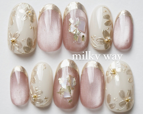 現品 ピンクベージュマグネット×ミラーフラワー ネイルチップ ネイル