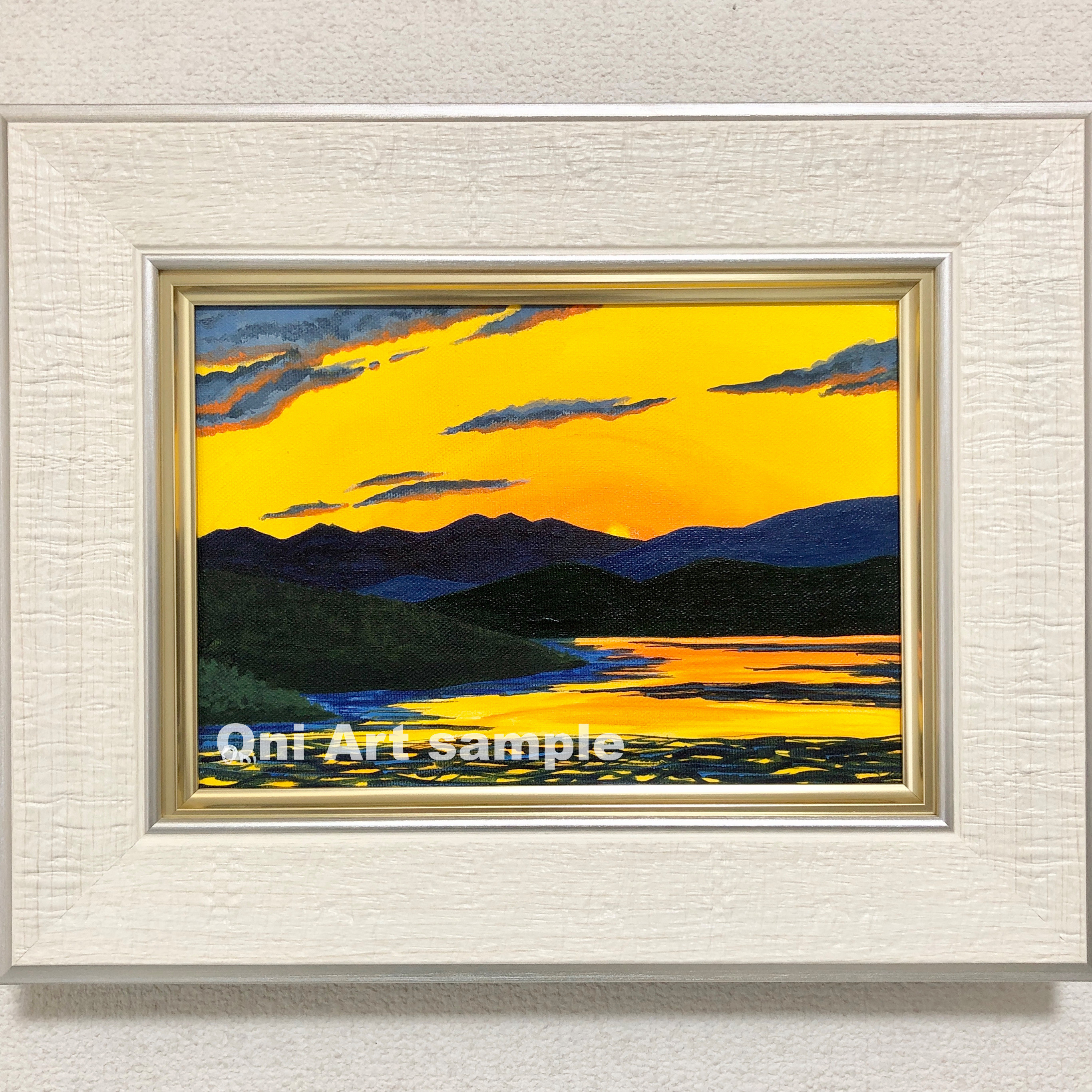 アクリル画　原画　「夕焼け」額縁付　SMサイズ　キャンバス アクリル画原画「夕焼け」額縁付SMサイズキャンバス