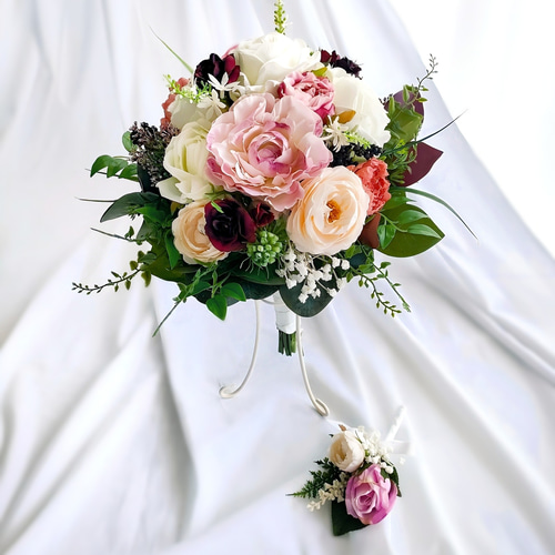 生花に見える】白 ローズ ピンク ミックスカラー ウェディングブーケ