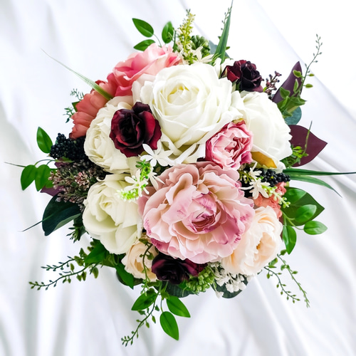 ウェディングブーケ　造花　結婚式　前撮り　バラ　ホワイト挙式 ピンク 生花に見える】白 ローズ ピンク ミックスカラー ウェディングブーケ