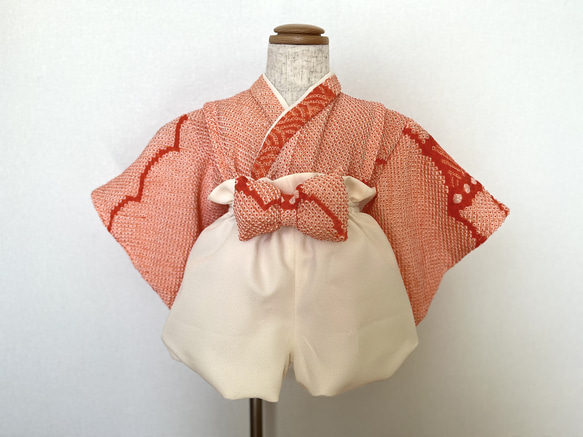 限定3着】着物リメイク、ふんわりバルーンパンツのベビー袴 しぼり朱色