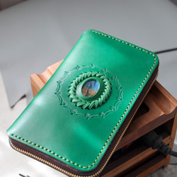 ‘天然石x皮革組合’大容量牛皮手工拉鍊長款皮夾旅行盒女士皮夾手工染色/全手工縫製 第7張的照片