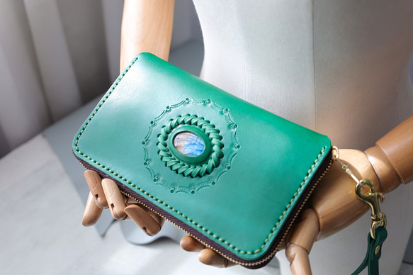 ‘天然石x皮革組合’大容量牛皮手工拉鍊長款皮夾旅行盒女士皮夾手工染色/全手工縫製 第9張的照片