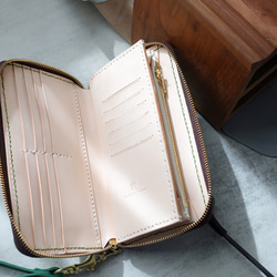 ‘天然石x皮革組合’大容量牛皮手工拉鍊長款皮夾旅行盒女士皮夾手工染色/全手工縫製 第10張的照片