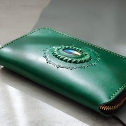 ‘天然石x皮革組合’大容量牛皮手工拉鍊長款皮夾旅行盒女士皮夾手工染色/全手工縫製 第4張的照片