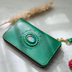 ‘天然石x皮革組合’大容量牛皮手工拉鍊長款皮夾旅行盒女士皮夾手工染色/全手工縫製 第2張的照片