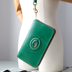 ‘天然石x皮革組合’大容量牛皮手工拉鍊長款皮夾旅行盒女士皮夾手工染色/全手工縫製 第5張的照片