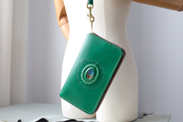 ‘天然石x皮革組合’大容量牛皮手工拉鍊長款皮夾旅行盒女士皮夾手工染色/全手工縫製 第5張的照片