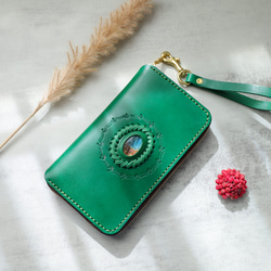 ‘天然石x皮革組合’大容量牛皮手工拉鍊長款皮夾旅行盒女士皮夾手工染色/全手工縫製 第1張的照片