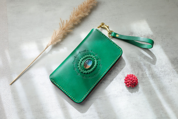 ‘天然石x皮革組合’大容量牛皮手工拉鍊長款皮夾旅行盒女士皮夾手工染色/全手工縫製 第1張的照片