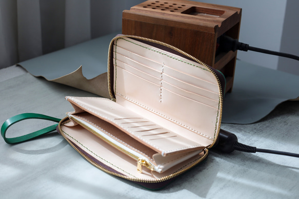 ‘天然石x皮革組合’大容量牛皮手工拉鍊長款皮夾旅行盒女士皮夾手工染色/全手工縫製 第11張的照片