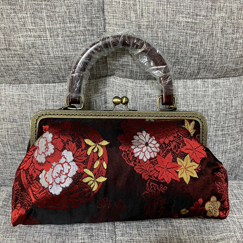 アンズルーム★2WAY★着物　帯★がま口　バッグ★ショルダー★黒×赤　花★長財布 アンズルーム☆2WAY☆着物 帯☆がま口 バッグ☆ショルダー☆黒