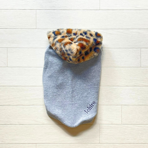 犬 服】レオパード柄ファーフードわんこ服 ヒョウ柄 裏毛ニット ペット