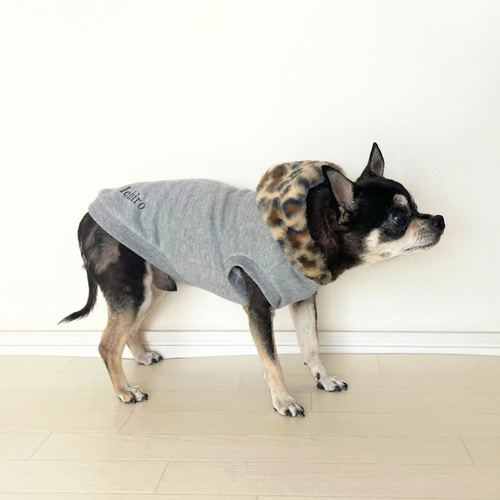 犬 服】レオパード柄ファーフードわんこ服 ヒョウ柄 裏毛ニット ペット