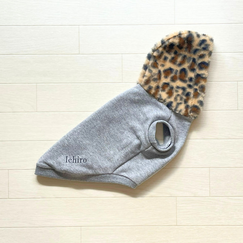 犬 服】レオパード柄ファーフードわんこ服 ヒョウ柄 裏毛ニット ペット