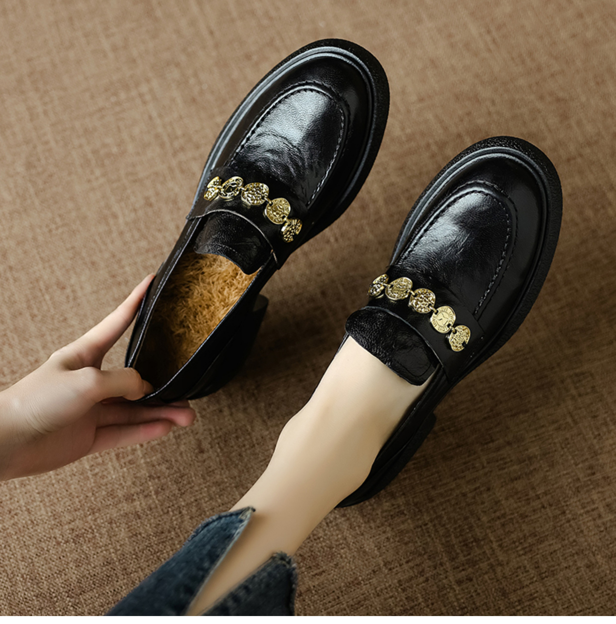 牛革 ローファー 疲れない 歩きやすい オシャレ レディーススニーカー 地雷系 冬靴 ウォーキングシューズ 裏起毛