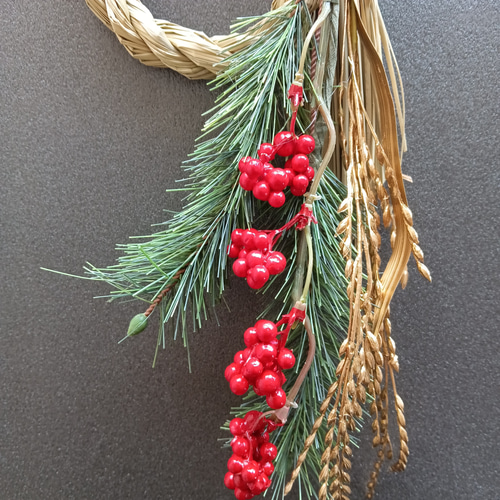 迎春」しめ縄に松に南天と稲穂 しめ飾り しめ縄・しめ飾り Art Salon
