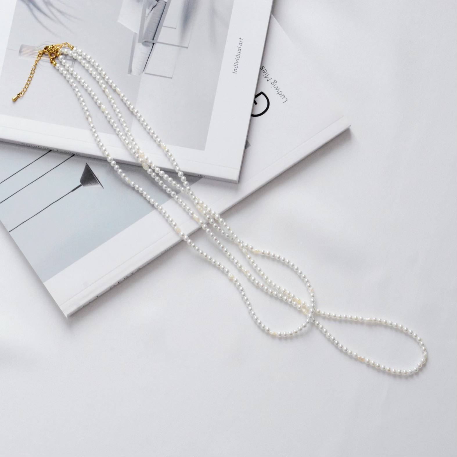 3WAY 4mmパール × 淡水パール 2連 ロングネックレス