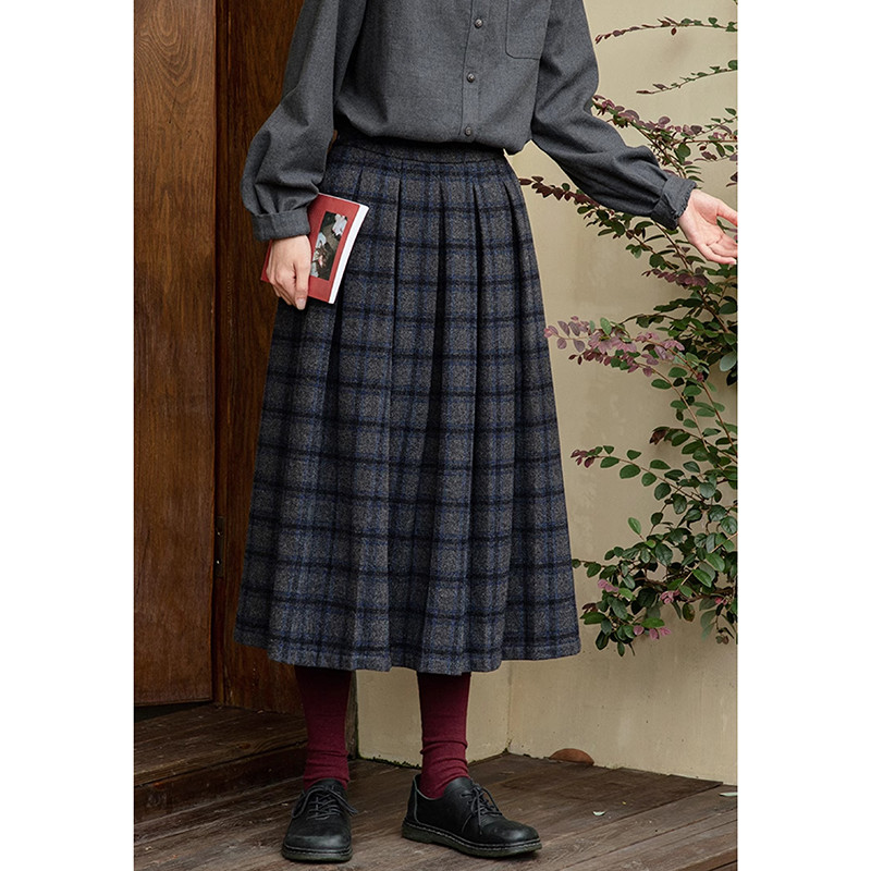 ウール混紡スカート　格子柄ウールスカート　ゴムウエスト　グレーとコーヒー2色　S-Lサイズ　S329