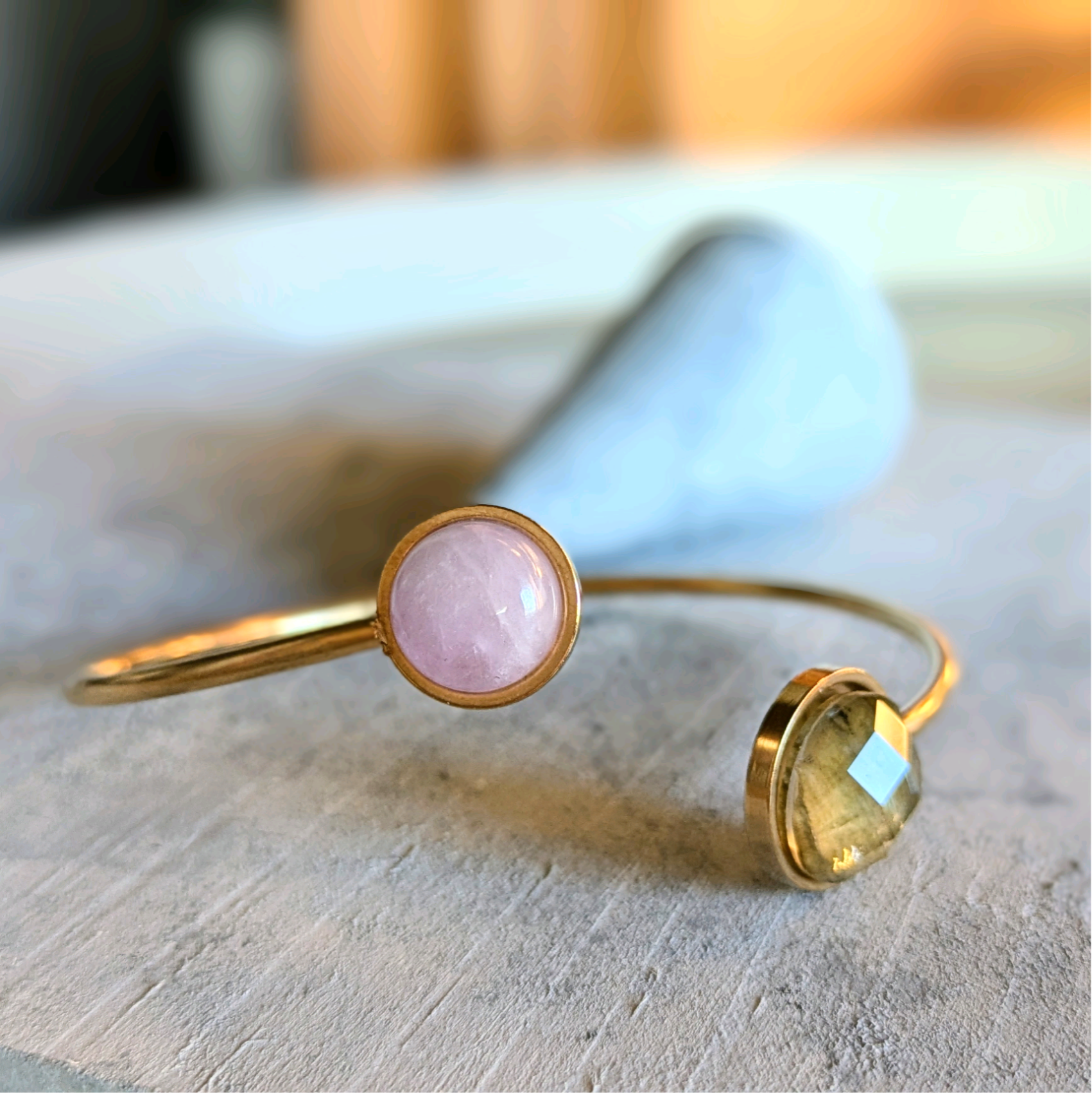 天然石クンツァイト＆ラブラドライト サージカルステンレス 金アレ ゴールド