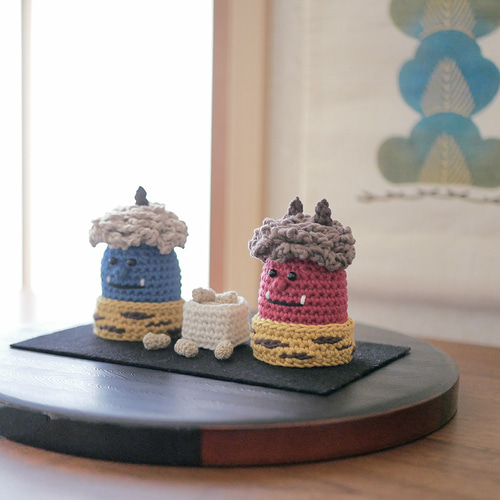 豆いっぱい♪日常に馴染む＋省スペース♡手編みの節分飾り 赤鬼&青鬼