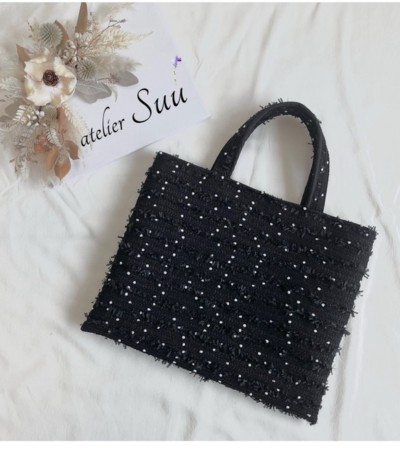 ドット ブラック ツイードレッスンバッグ A4 サブバッグ トートバッグ