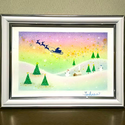 Xmas present ハンドメイドパステル画　絵画アート原画 冬のパステルアート 虹色のクリスマス パステル画原画 絵画 T's Arts