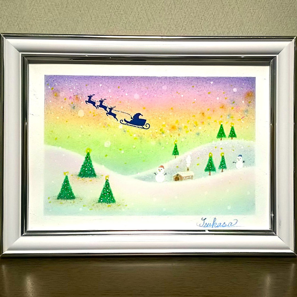 Xmas present ハンドメイドパステル画　絵画アート原画 冬のパステルアート 虹色のクリスマス パステル画原画 絵画 T's Arts