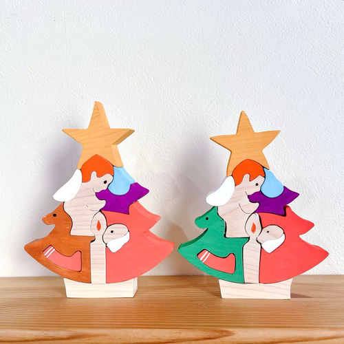 木製クリスマス 組み木 天使とサンタ ツリー② 置物 インテリア 積み木 