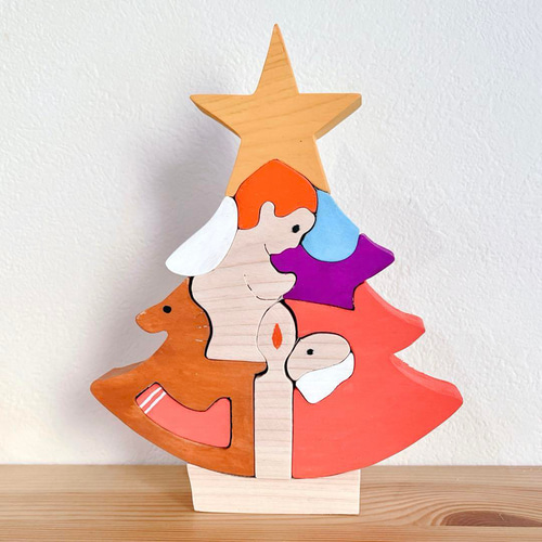 木製クリスマス 組み木 天使とサンタ ツリー② 置物 インテリア 積み木