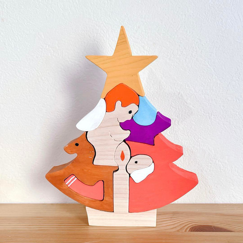 木製クリスマス 組み木 天使とサンタ ツリー② 置物 インテリア 積み木