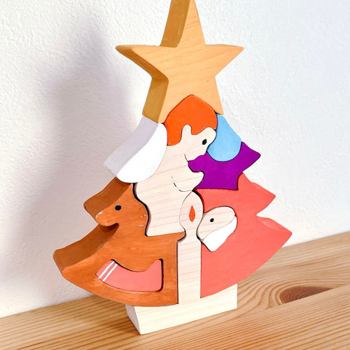 木製クリスマス 組み木 天使とサンタ ツリー② 置物 インテリア 積み木
