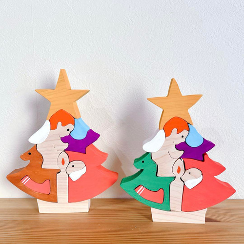木製クリスマス 組み木 天使とサンタ ツリー② 置物 インテリア 積み木