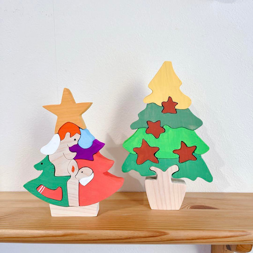 積み木 ♣クリスマスツリー 置物 木製クリスマス 組み木 天使とサンタ ツリー② 置物 インテリア 積み木