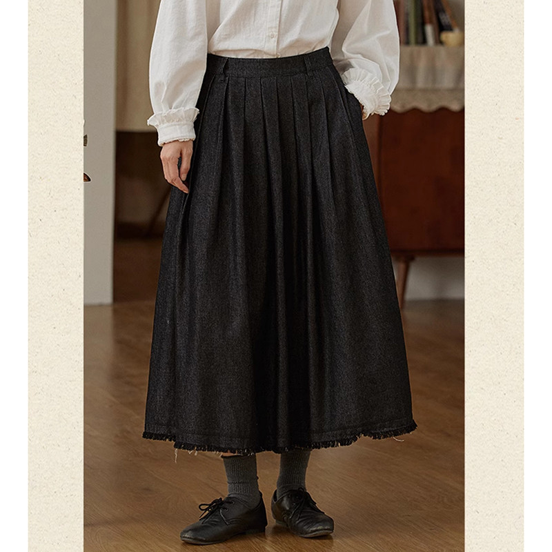 ブラックデニムスカート　フリンジ裾デニムスカート　100%コットン　XS-Lサイズ　ブラック　S334