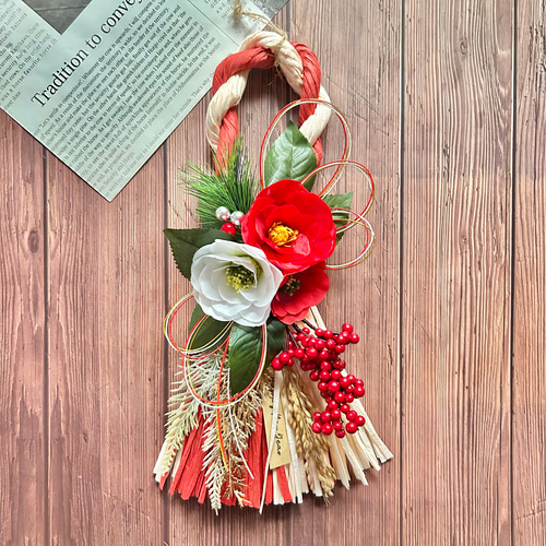 No.336 紅白椿と南天しめ縄スワッグリース2025 ハンドメイドお正月飾り