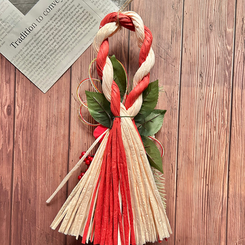 No.336 紅白椿と南天しめ縄スワッグリース2025 ハンドメイドお正月飾り